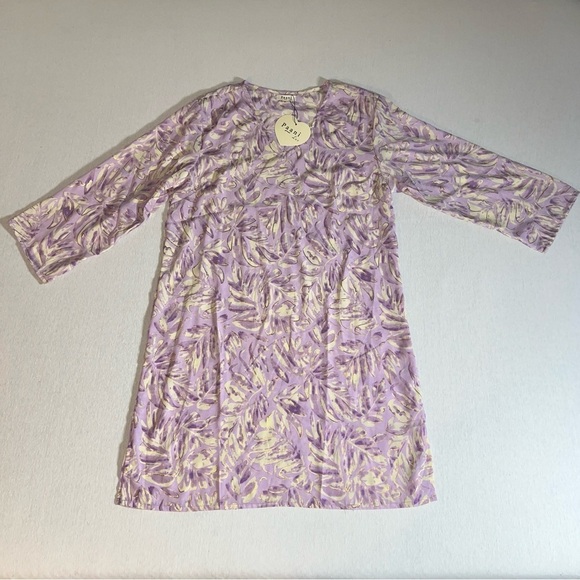 Paani Lilac + Gold Botanical 3/4 Sleeve Tunic Dress, Size Medium - Picture 1 of 11